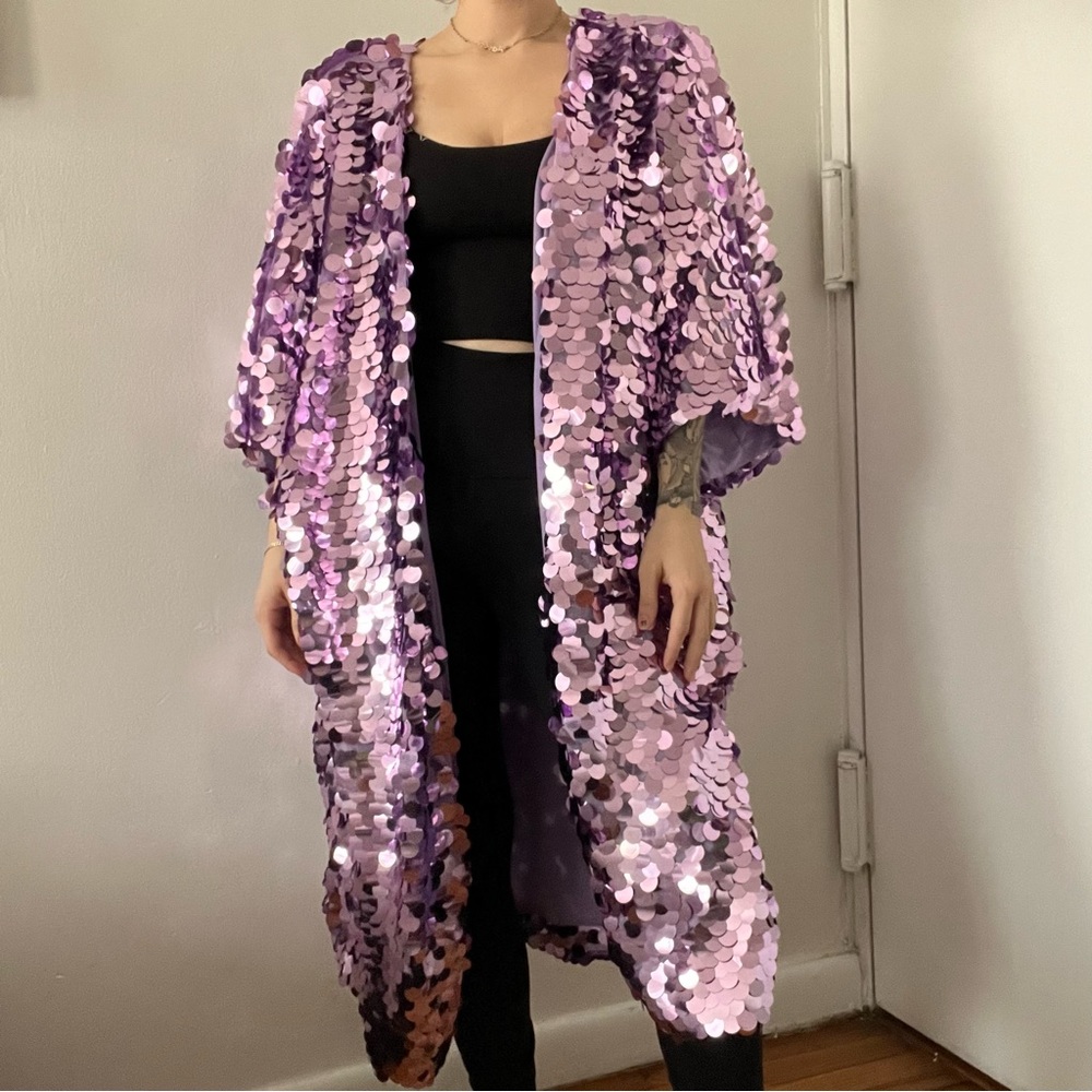 I heart ravers purple large sequin floor length duster kimono
